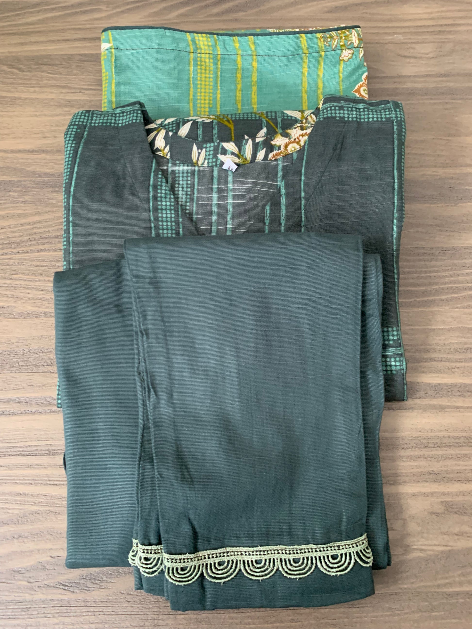 Modest Khaddar Suit for Women:  it offers a Modest Style and Custom Stitch. Crafted with Exotic Khaddar Fabric, which is a blend of Organic Cotton and Wool Slub. This 3 piece suit includes one Tunic, matching Trouser and a full Shawl, perfect for the winter season. Available in Green color and S-M-L-XL  sizes, and guarantees both comfort and elegance.