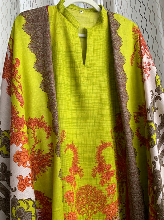 Modest Khaddar Suit for Women:  it offers a Modest Style and Custom Stitch. Crafted with Exotic Khaddar Fabric, which is a blend of Organic Cotton and Wool Slub. This 3 piece suit includes one Tunic, matching Trouser and a full Shawl, perfect for the winter season. Available in Lime Green color and S-M-L-XL  sizes, and guarantees both comfort and elegance.